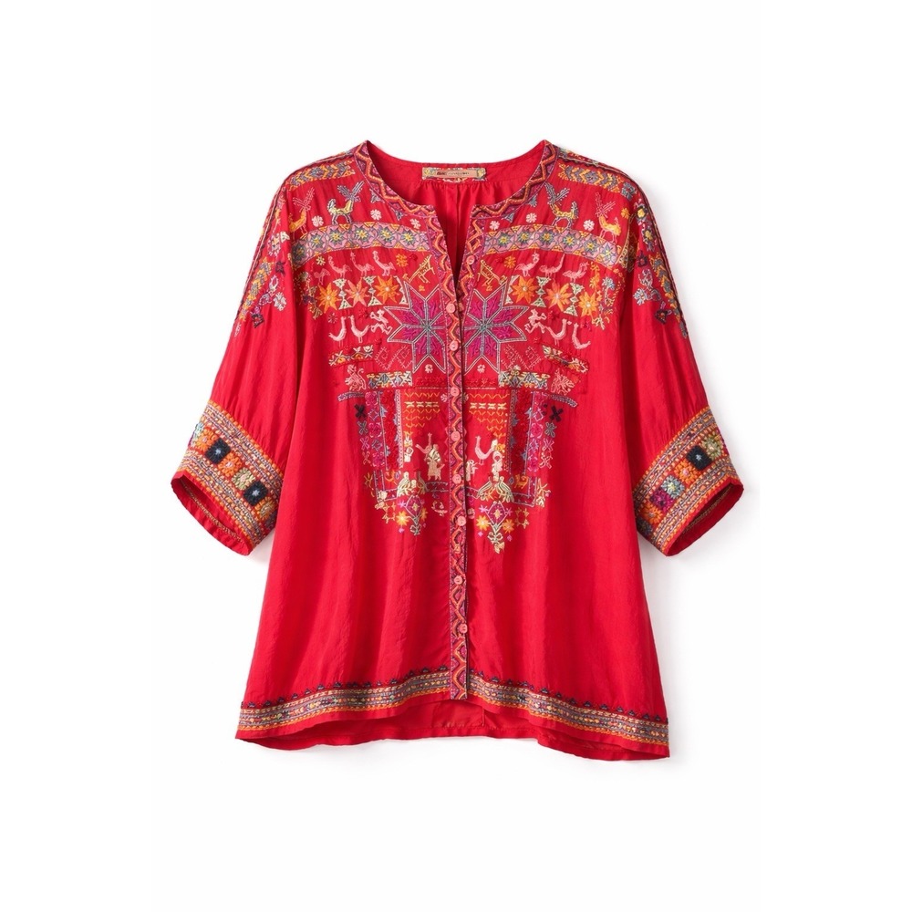 Johnny Was Embroidered Blouse L Boho Festival Folk Chic Rare Statement Top